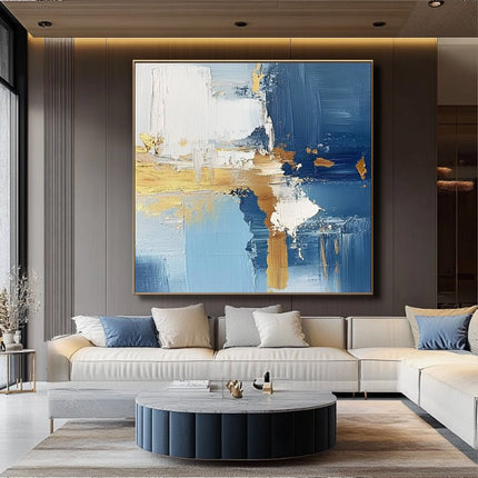 Blau Gold Weiss Abstrakt – Wandgemälde
