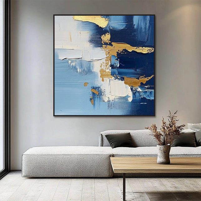 Blau Gold Weiss Abstrakt – Wandgemälde