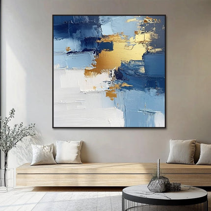 Blau Gold Weiss Abstrakt – Wandgemälde
