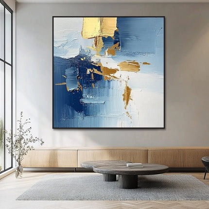 Blau Gold Weiss Abstrakt – Wandgemälde