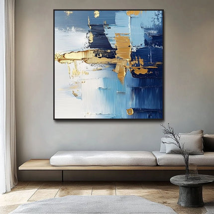 Blau Gold Weiss Abstrakt – Wandgemälde