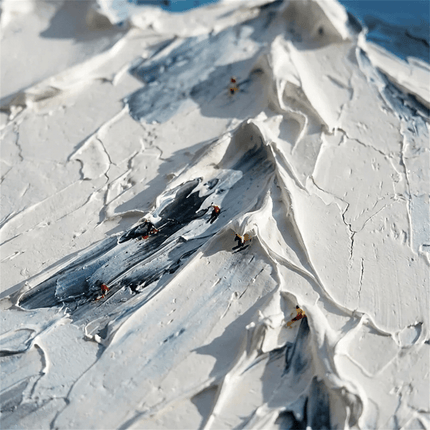 Skifahrer auf verschneitem Berggipfel – Handgemaltes Ölgemälde mit Spachteltechnik