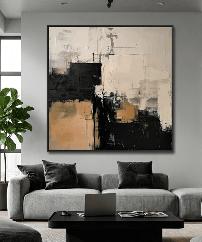 Schwarz Beige Abstrakt – Wandgemälde