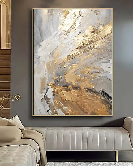 Weiss Gold Abstrakt Wirbel – Gemälde