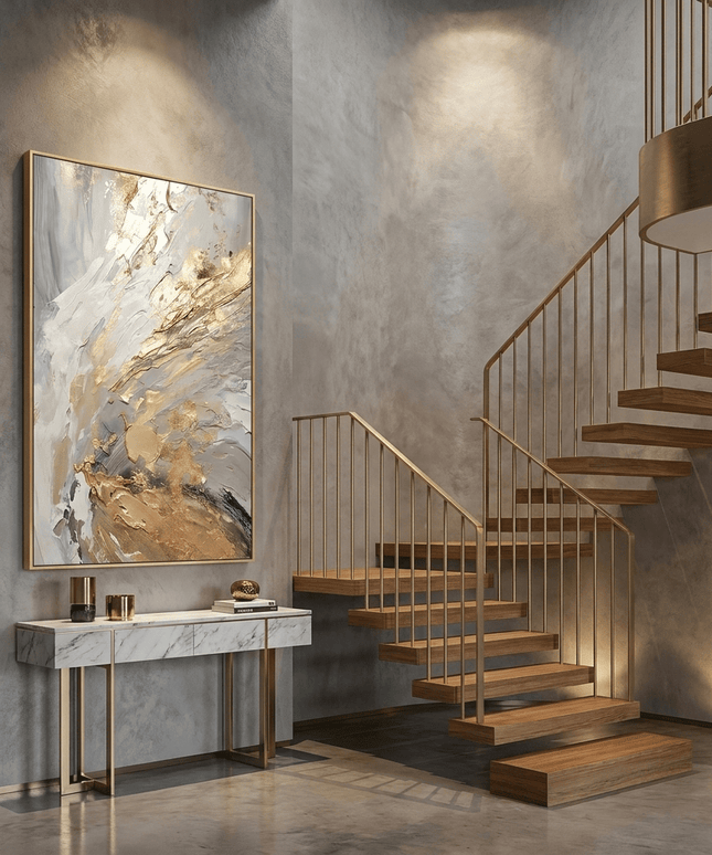 Weiss Gold Abstrakt Wirbel – Gemälde