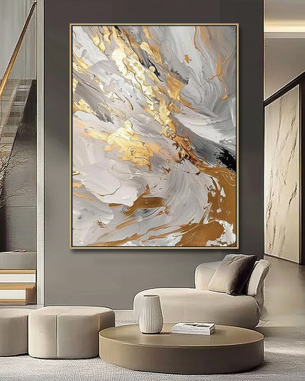 Weiss Gold Abstrakt Wirbel – Gemälde