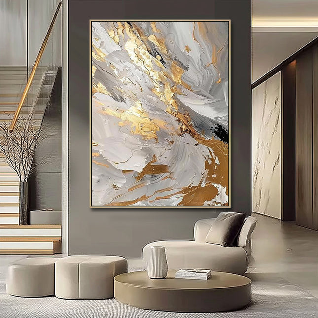 Weiss Gold Abstrakt Wirbel – Gemälde