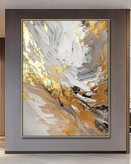 Weiss Gold Abstrakt Wirbel – Gemälde