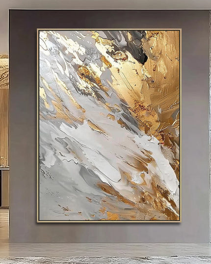 Weiss Gold Abstrakt Wirbel – Gemälde