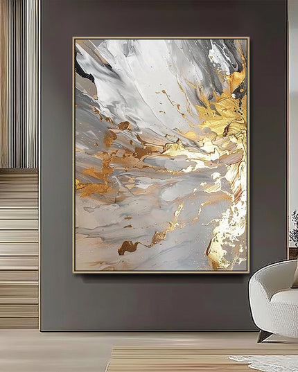 Weiss Gold Abstrakt Wirbel – Gemälde