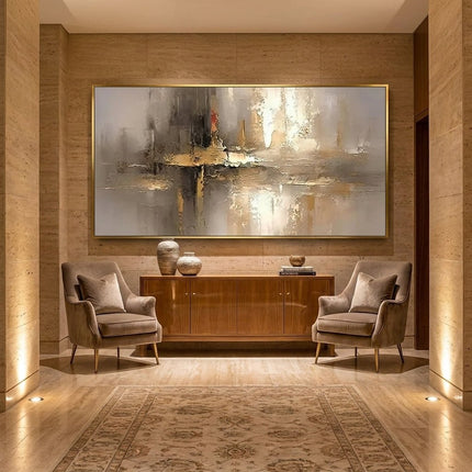 Gold Beige Abstrakt Horizontal – Gemälde