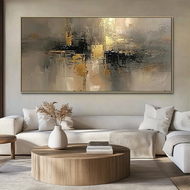 Gold Beige Abstrakt Horizontal – Gemälde