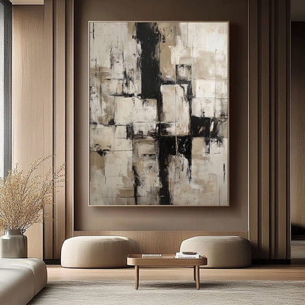 Beige Schwarz Geometrisch Abstrakt – Wandgemälde