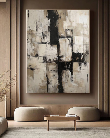 Beige Schwarz Geometrisch Abstrakt – Wandgemälde