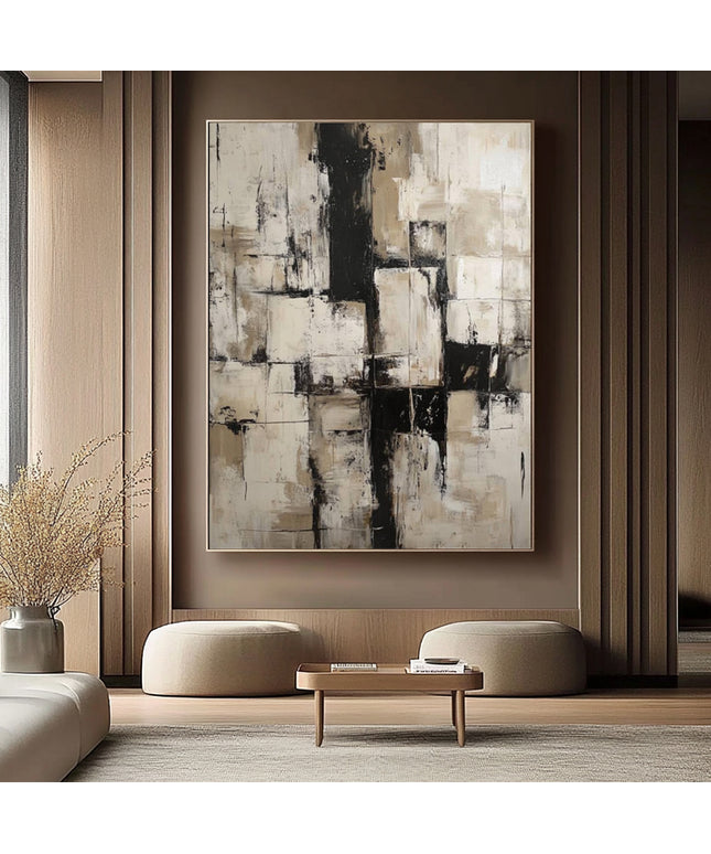 Beige Schwarz Geometrisch Abstrakt – Wandgemälde