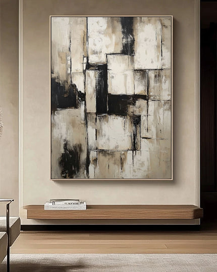 Beige Schwarz Geometrisch Abstrakt – Wandgemälde