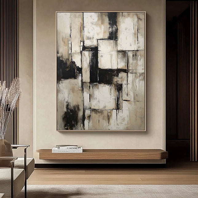 Beige Schwarz Geometrisch Abstrakt – Wandgemälde