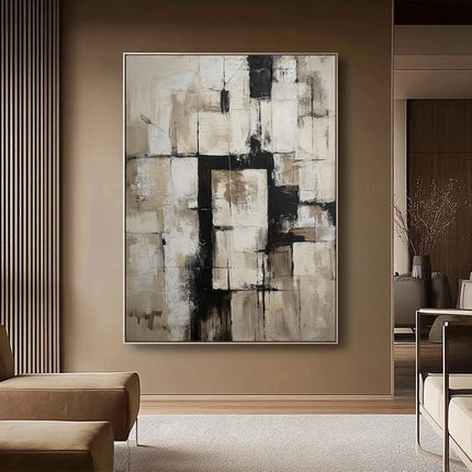 Beige Schwarz Geometrisch Abstrakt – Wandgemälde