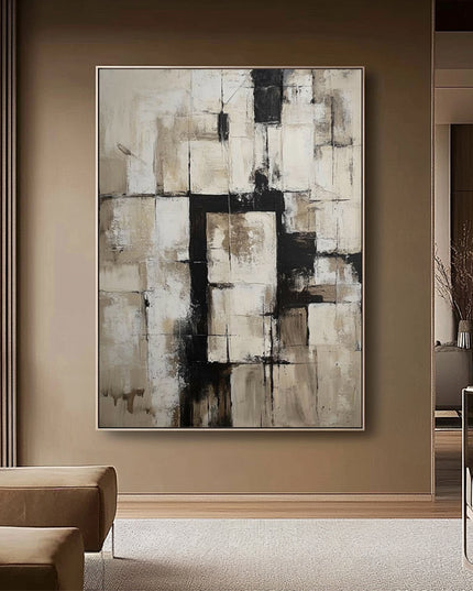 Beige Schwarz Geometrisch Abstrakt – Wandgemälde