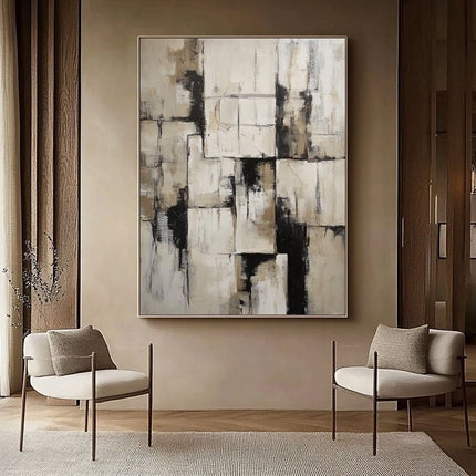 Beige Schwarz Geometrisch Abstrakt – Wandgemälde