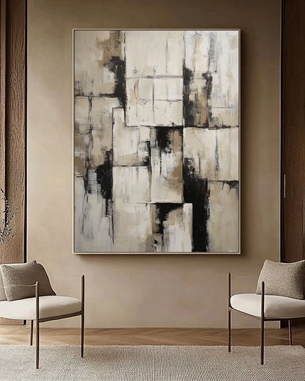 Beige Schwarz Geometrisch Abstrakt – Wandgemälde