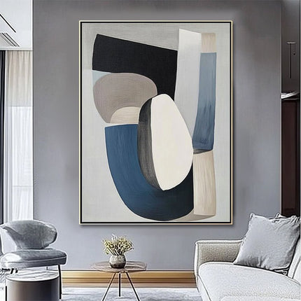 Blau Beige Geometrisch Abstrakt – Wandgemälde