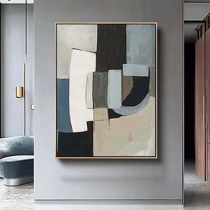 Blau Beige Geometrisch Abstrakt – Wandgemälde
