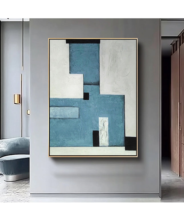 Blau Weiss Geometrisch Abstrakt – Wandgemälde