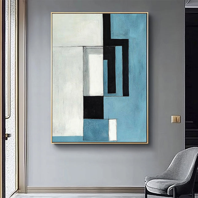 Blau Weiss Geometrisch Abstrakt – Wandgemälde