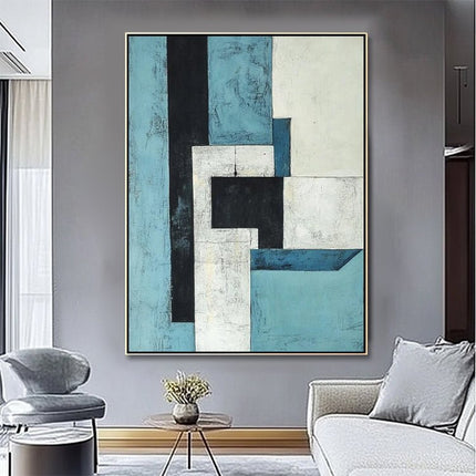 Blau Weiss Geometrisch Abstrakt – Wandgemälde