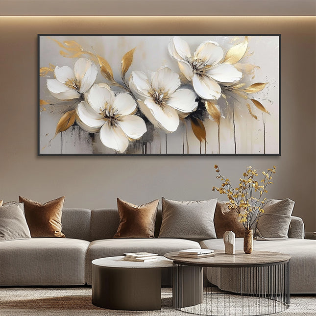 Weisse Blumen Gold Panorama – Wandgemälde