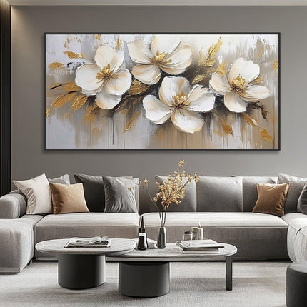 White Flowers Gold Panorama – Mural