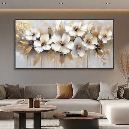 White Flowers Gold Panorama – Mural