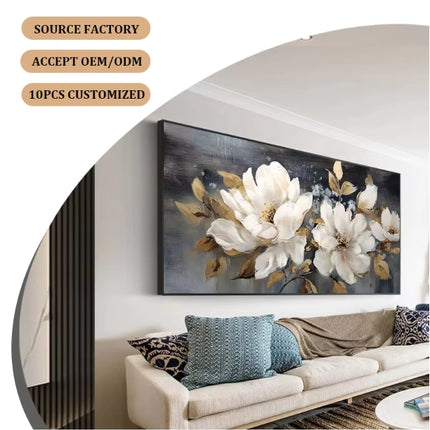 White Flowers Gold Panorama – Mural