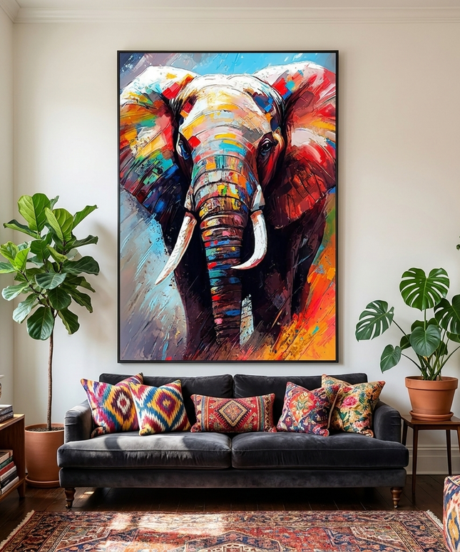Bunter Elefant Portrait – Wandgemälde