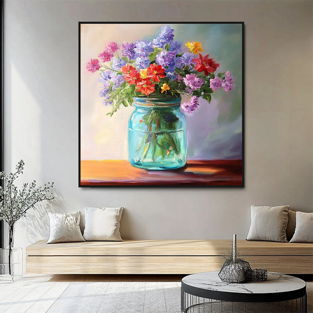 Bunte Blumen in Vase – Wandgemälde