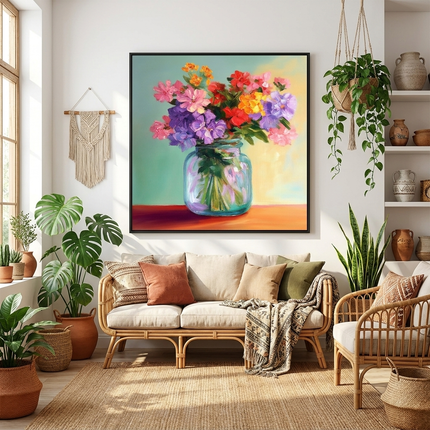 Bunte Blumen in Vase – Wandgemälde