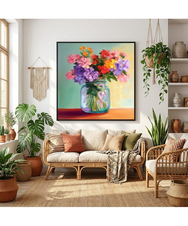 Bunte Blumen in Vase – Wandgemälde