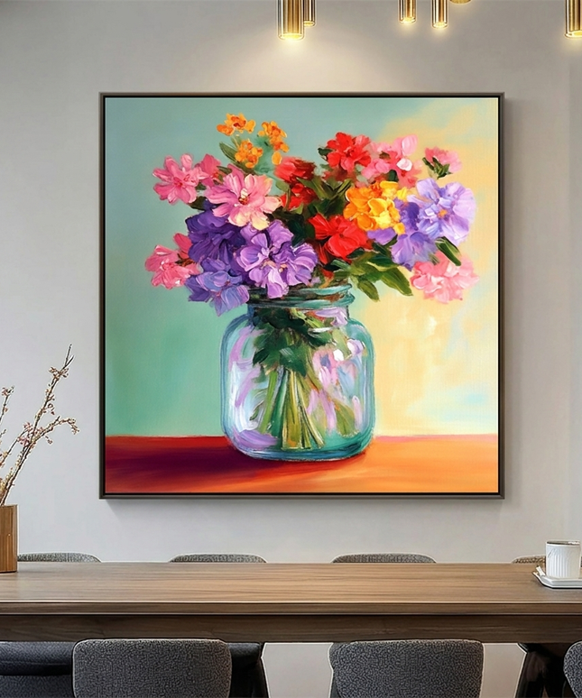Bunte Blumen in Vase – Wandgemälde