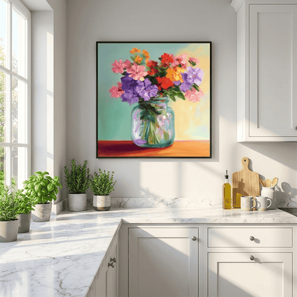 Bunte Blumen in Vase – Wandgemälde