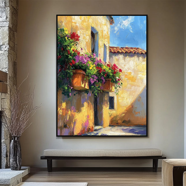 Mediterrane Villa mit Blumen – Wandgemälde