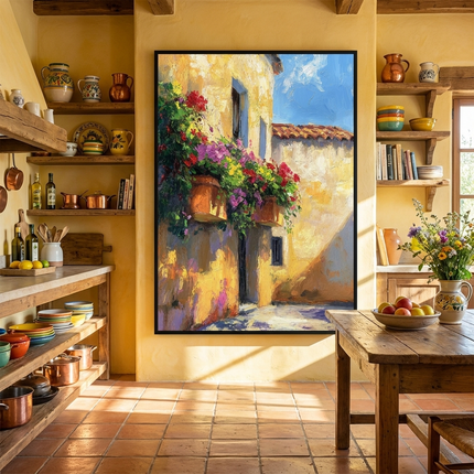 Mediterrane Villa mit Blumen – Wandgemälde