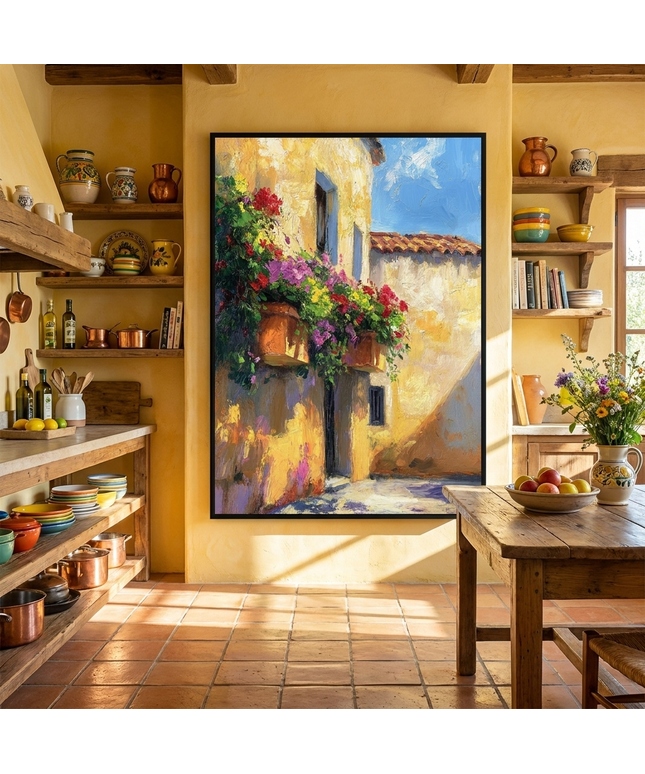 Mediterrane Villa mit Blumen – Wandgemälde