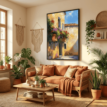 Mediterrane Villa mit Blumen – Wandgemälde