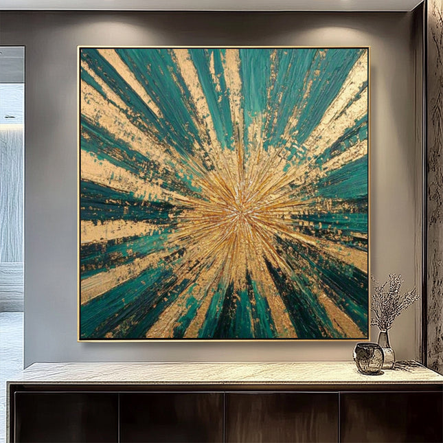 Teal Gold Starburst Abstrakt – Wandgemälde