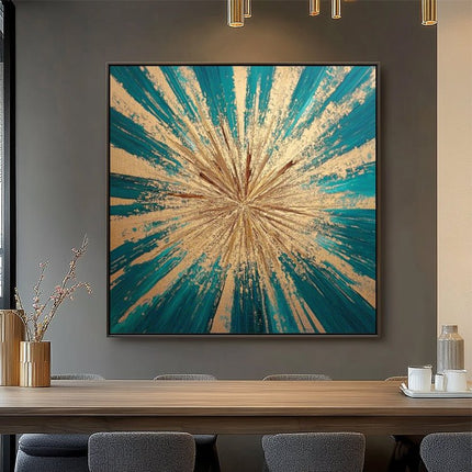 Teal Gold Starburst Abstrakt – Wandgemälde