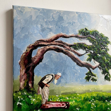 Betender Mann unter Baum – Close-up Pinselstruktur
