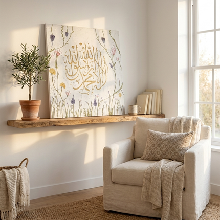Shahada Kalligraphie – Handgemaltes Islamisches Wandbild | Gold & Botanik